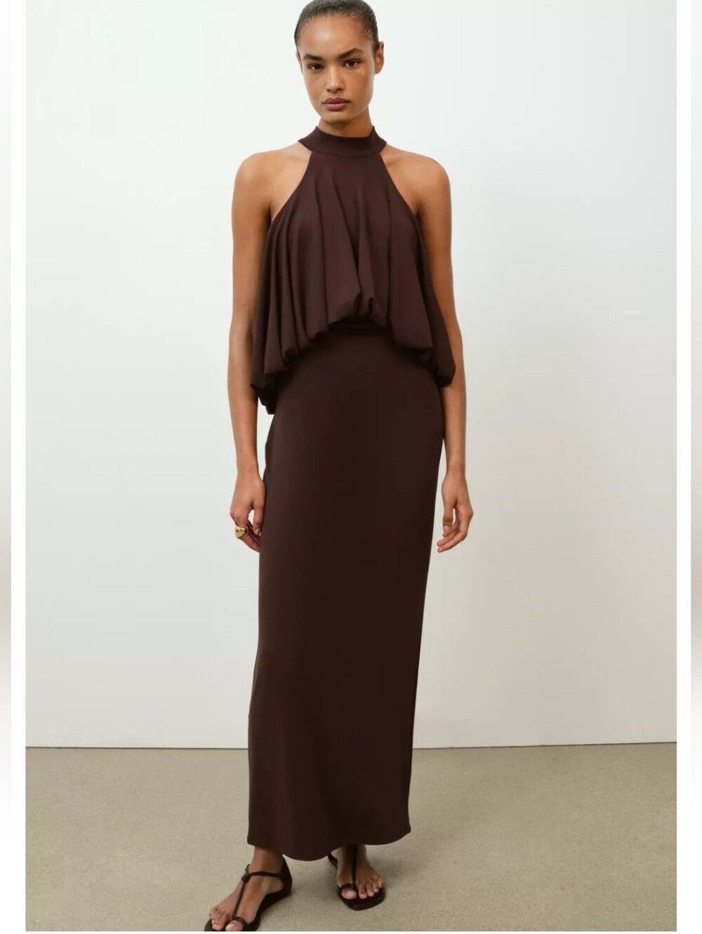 ZARA BALLOON HALTER DRESS NWT BROWN